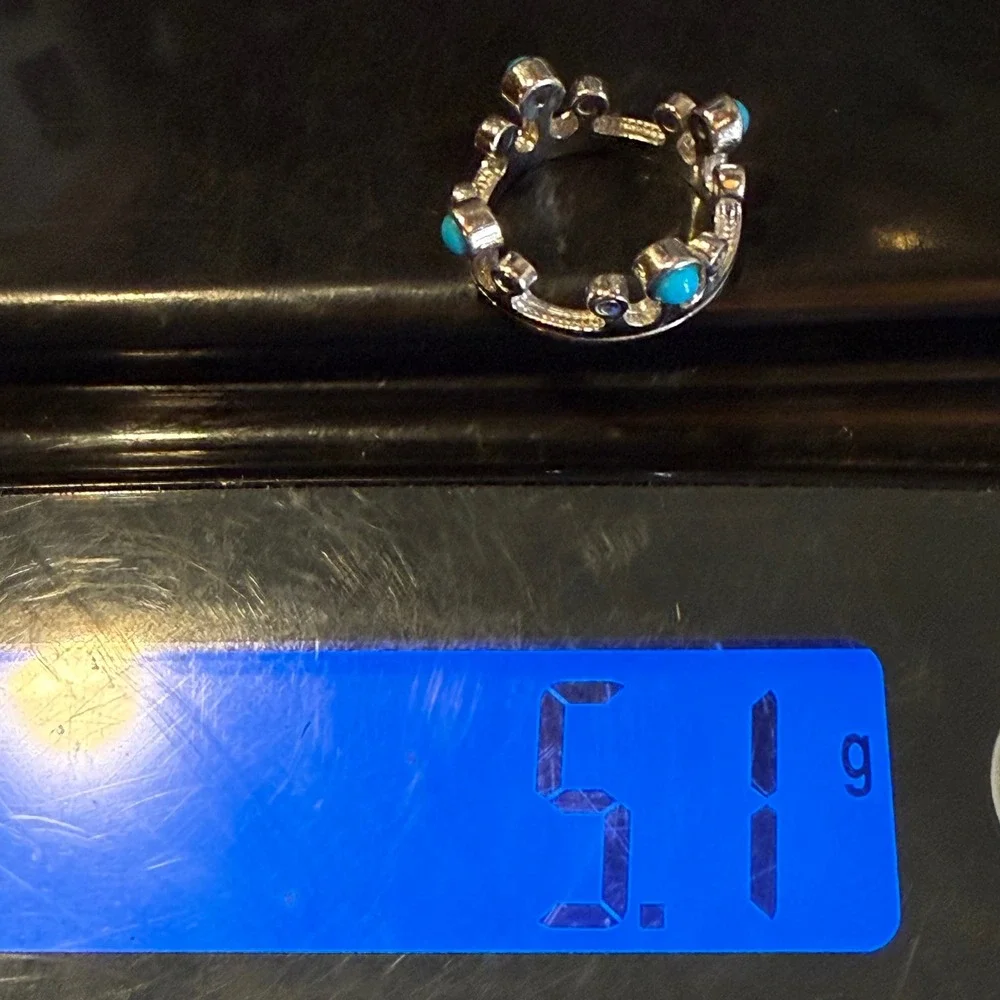 Vintage Sterling Silver Crown Ring Blue Tiara Band 6